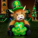 5FT St. Patrick's Day Inflatable Highland Cow Blow Up Highland Cow with Shamrock and Bow Hat Outdoor Decoration with LED Lights for Yard, Garden, Lawn, Home, Party Decor