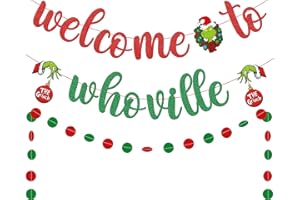 SALIYAA Welcome to Whoville Banner, Merry Christmas Party Decorations, Red Green Glitter Grinch Christmas Decorations Banner, Christmas Birthday Party Decorations, Christmas Vacation Holiday July Decorations