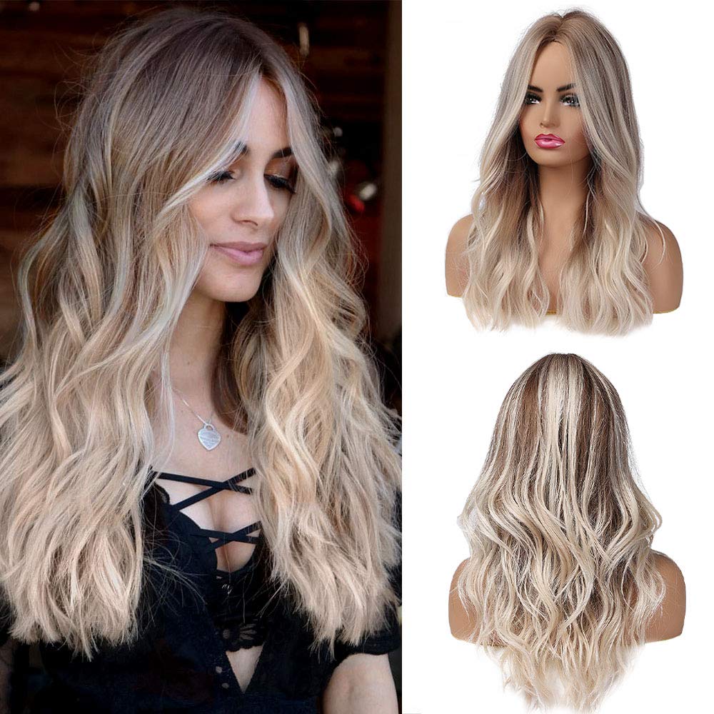 Amazon Com Chrshn Ombre Light Brown Mix Platinum Blonde Long Wavy Synthetic Wig Middle Part Natural Hair Wigs For Women Cosplay Wig Heat Resistant Fiber Beauty