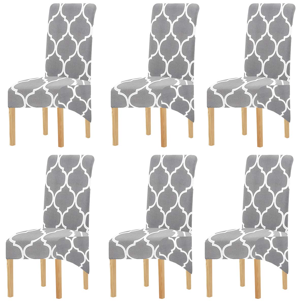 KELUINA Printing Fabric Stretch XL Chair Covers for Dining Chairs, 2/4/6 Pcs Elastic Large Chair Slipcover for Dining Room Wedding Banquet Party Decoration (Gray-01,6 Pack)