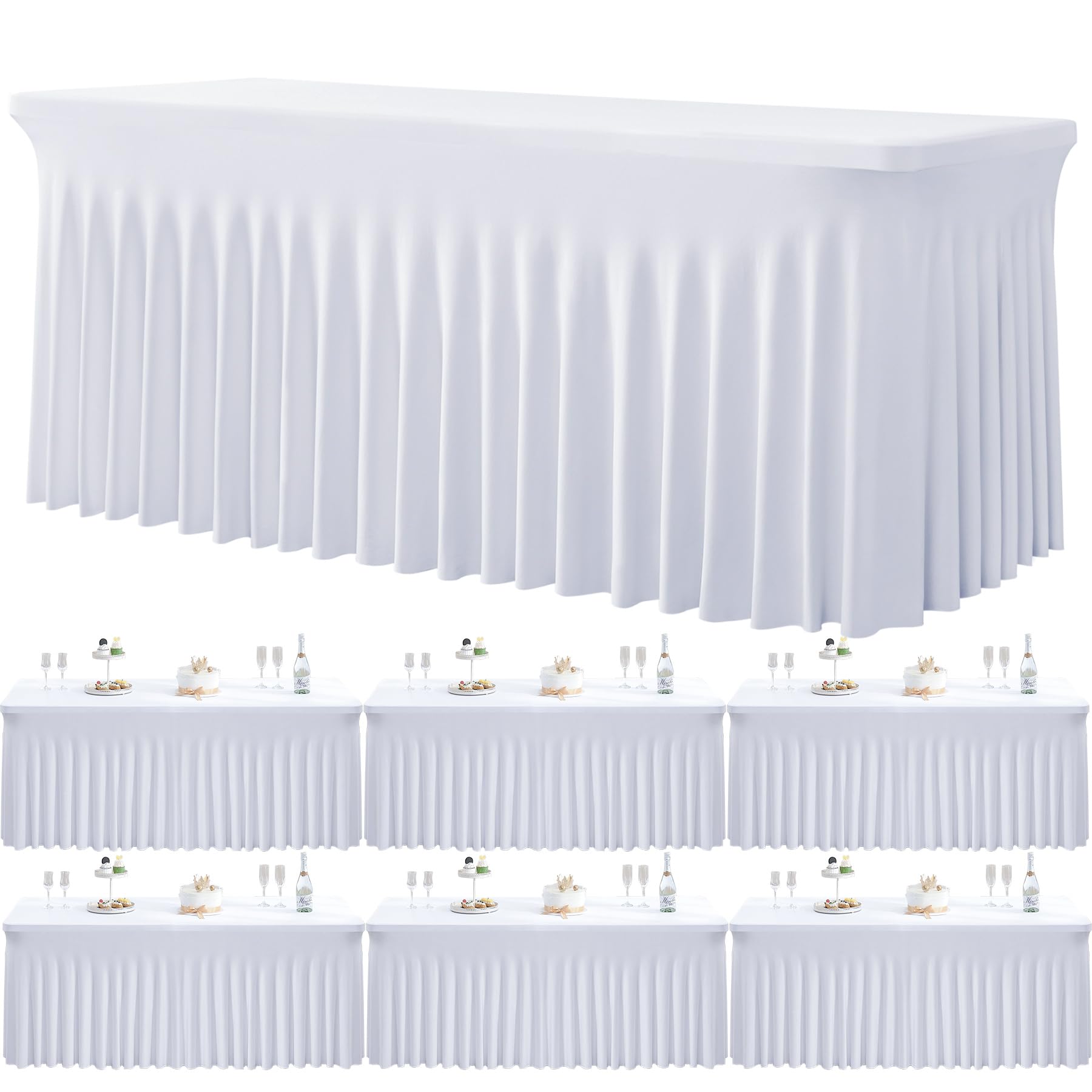Photo 1 of 6 Pack Spandex White Table Clothes for 6 Foot Rectangle Tables, Wrinkle Free Stretch Table Cloths 6ft Fitted Tablecover Desk Skirt for Birthday Parties Wedding Banquet Baby Shower