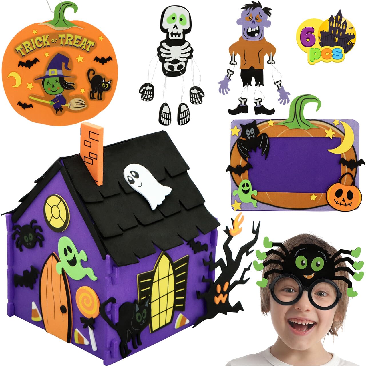 JOYIN Halloween Foam Craft Kit for Kids with 3D Haunted House, Halloween Photo Frame, 2 Halloween Characters Decor, Glasses and Trick or Treat Door Sign Hanger, Arts and Crafts, Halloween Party Favors
