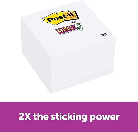 PostIt Super Sticky Notes, 3 x 3Inches, White, 5Pads/Pack (6545SSSC