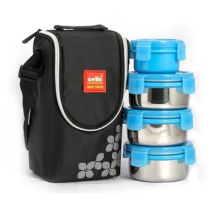 Cello Max Fresh Click Steel Lunch Box Set, 300ml, 4-Pieces, Blue