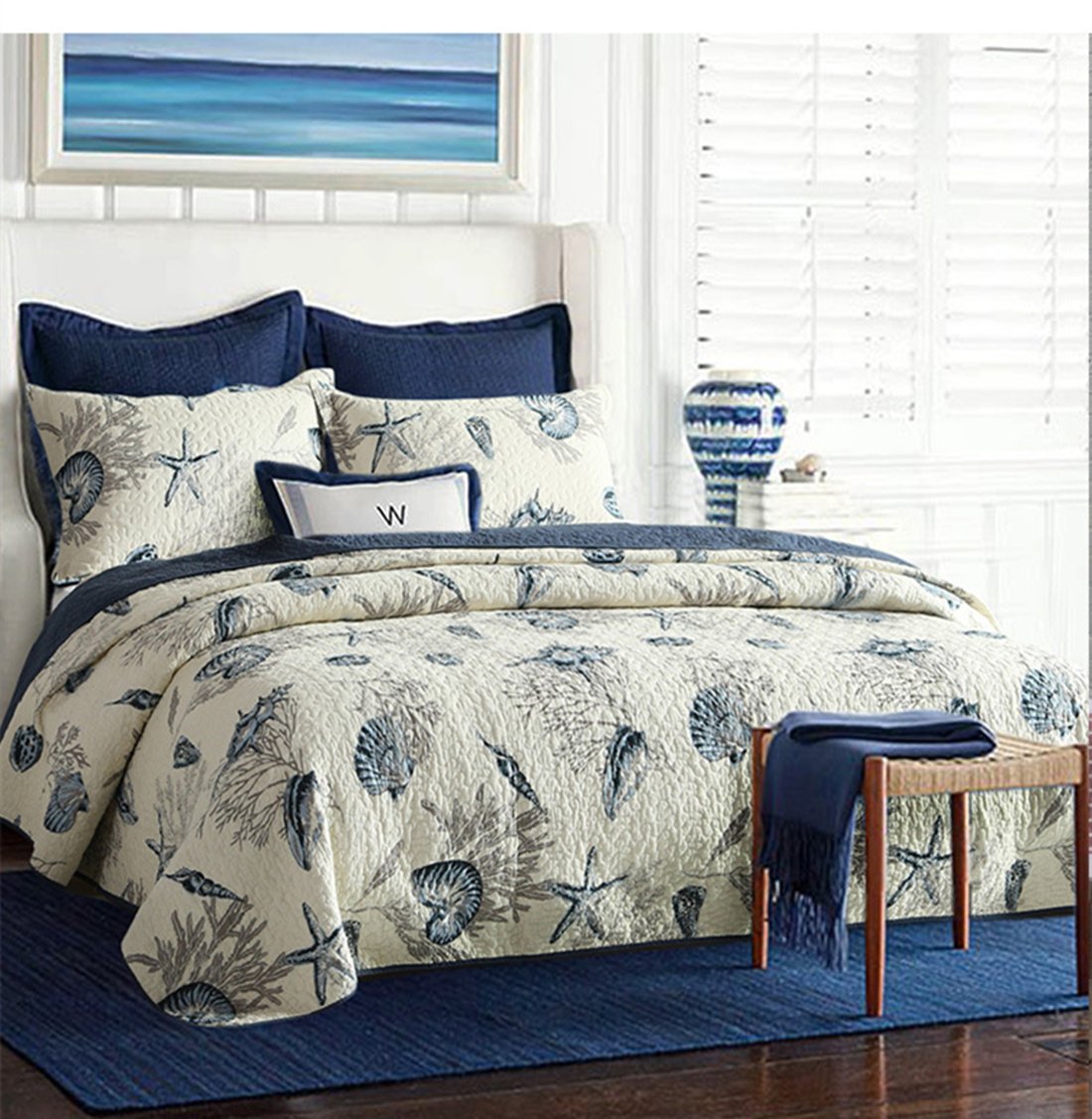Nautical Queen Quilt Set 1 Reversible Bedspread and 2 Pillowcases,100