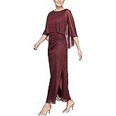 S.L. Fashions Womens Long Glitter Mesh Capelet Gown with Side Slit, Wedding Guest, Formal Dress (Petite and Regular Sizes)