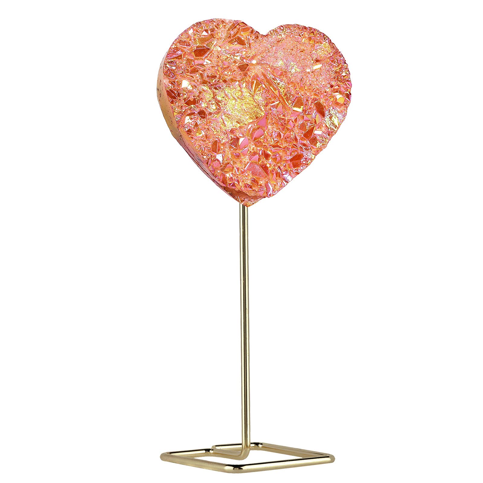 Nupuyai Love Heart Crystal Cluster Stone with Stainless Stand, Orange Titanium Coated Rock Quartz Geode Specimen for Reiki Healing Home Decor