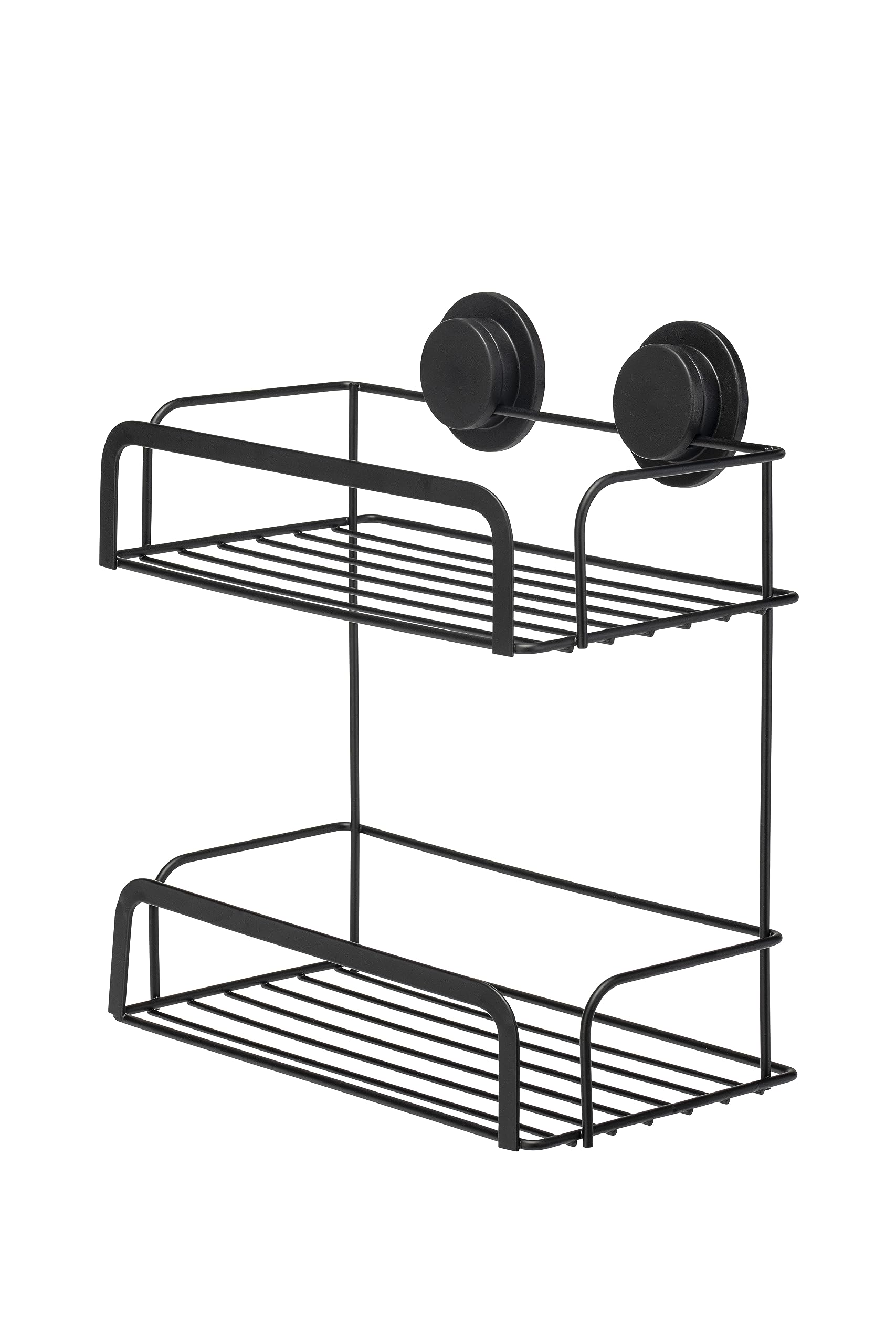 Croydex Stick 'N' Lock Two Tier Black Shower Caddy - Shower Shelf No Drilling Bathroom Storage Solution with Sticky Pad Easy-Clean 5 Year Rust-Free Guarantee, Mild Steel