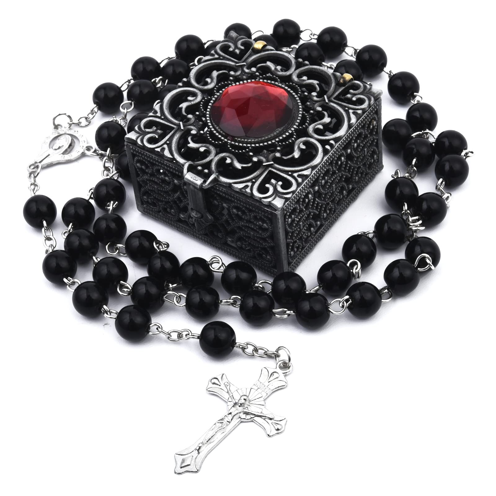FLAFARY Rosary Beads Catholic Pack in Holy Cup Metal Gift Box, First Communion Rosary for Girls and Boys, Necklace Gift for Mother and Elders (Black)