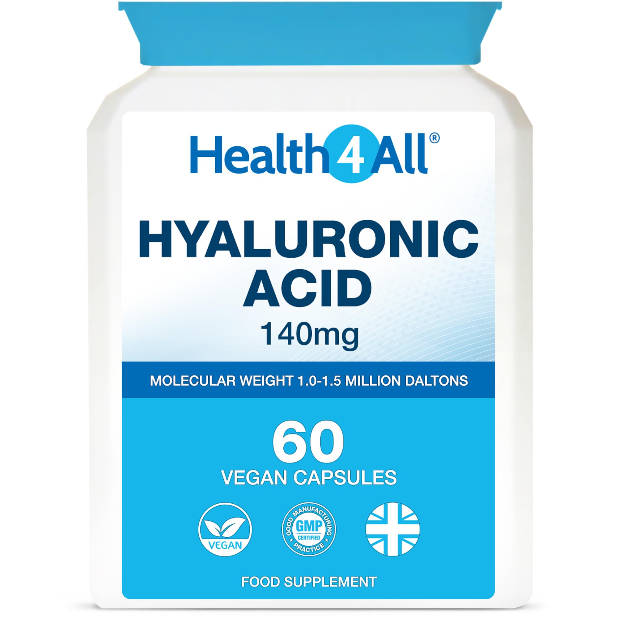 Health4All Hyaluronic Acid 140mg, 60 Capsules 2 Months Supply, 1.0-1.5 Million Daltons for Radiant Skin, Hair and Joint Support | High Strength Vegan Supplement with Glucoronic Acid | Made in UK