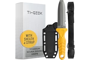 TI GEEK Titanium Survival Scuba Diving Fixed Blade Knife with Sheath & Straps - Holster on Divers BCD, Thigh/Leg, GC Belt Buckle or Wrist, Cutting, Serrated Edge & Line Cutter - Yellow Blunt Tip
