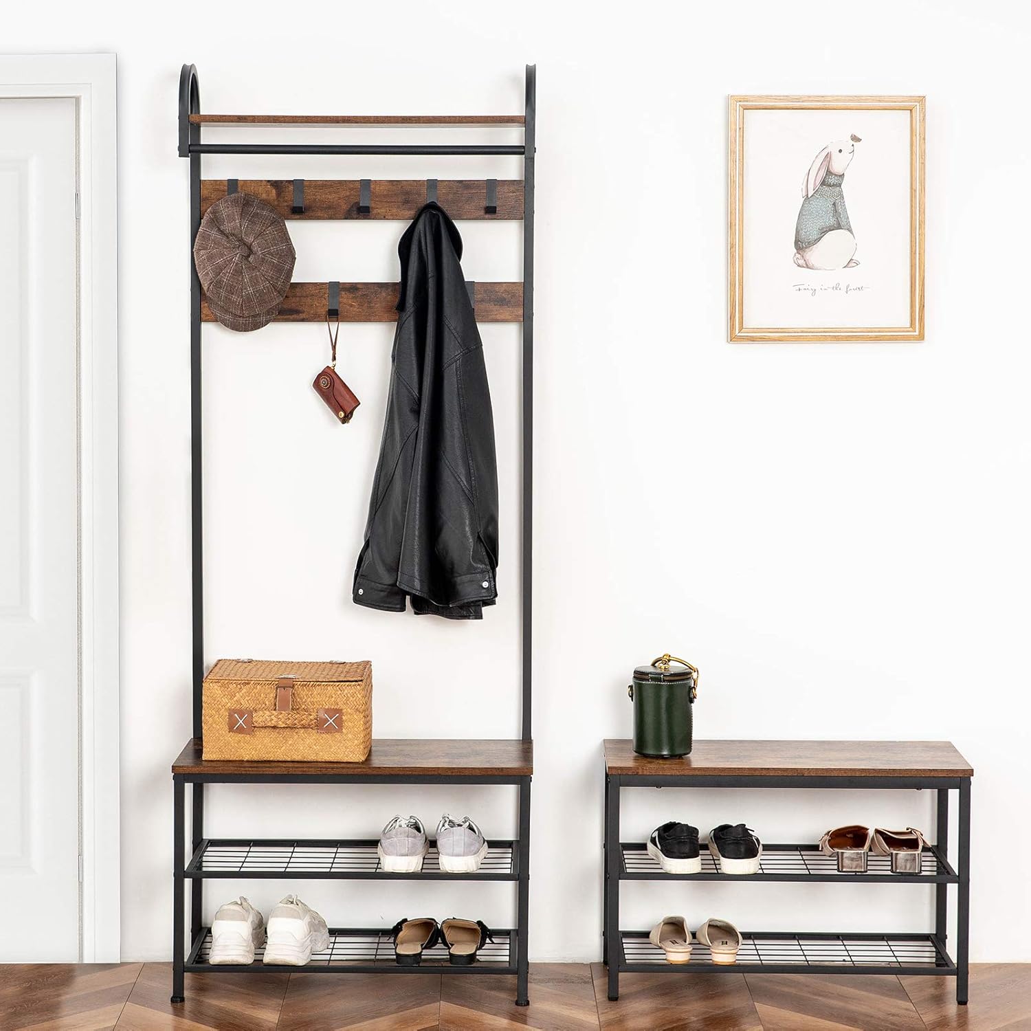 HOOBRO Coat Rack Shoe Bench, Industrial Hall Tree with Storage Shelf, Entryway Storage Organizer, 4 in 1 Design, Accent Furniture with Metal Frame, Easy Assembly, Rustic Brown BF13MT01: Home Improvement