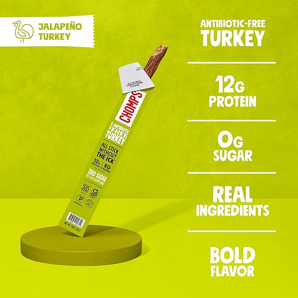 CHOMPS JALAPEÑO TURKEY JERKY MEAT SNACK STICKS 10-PACK – KETO, PALEO, LOW CARB, WHOLE30 APPROVED, 12G LEAN MEAT PROTEIN, GLUTEN FREE, ANTIBIOTIC FREE, ZERO SUGAR FOOD