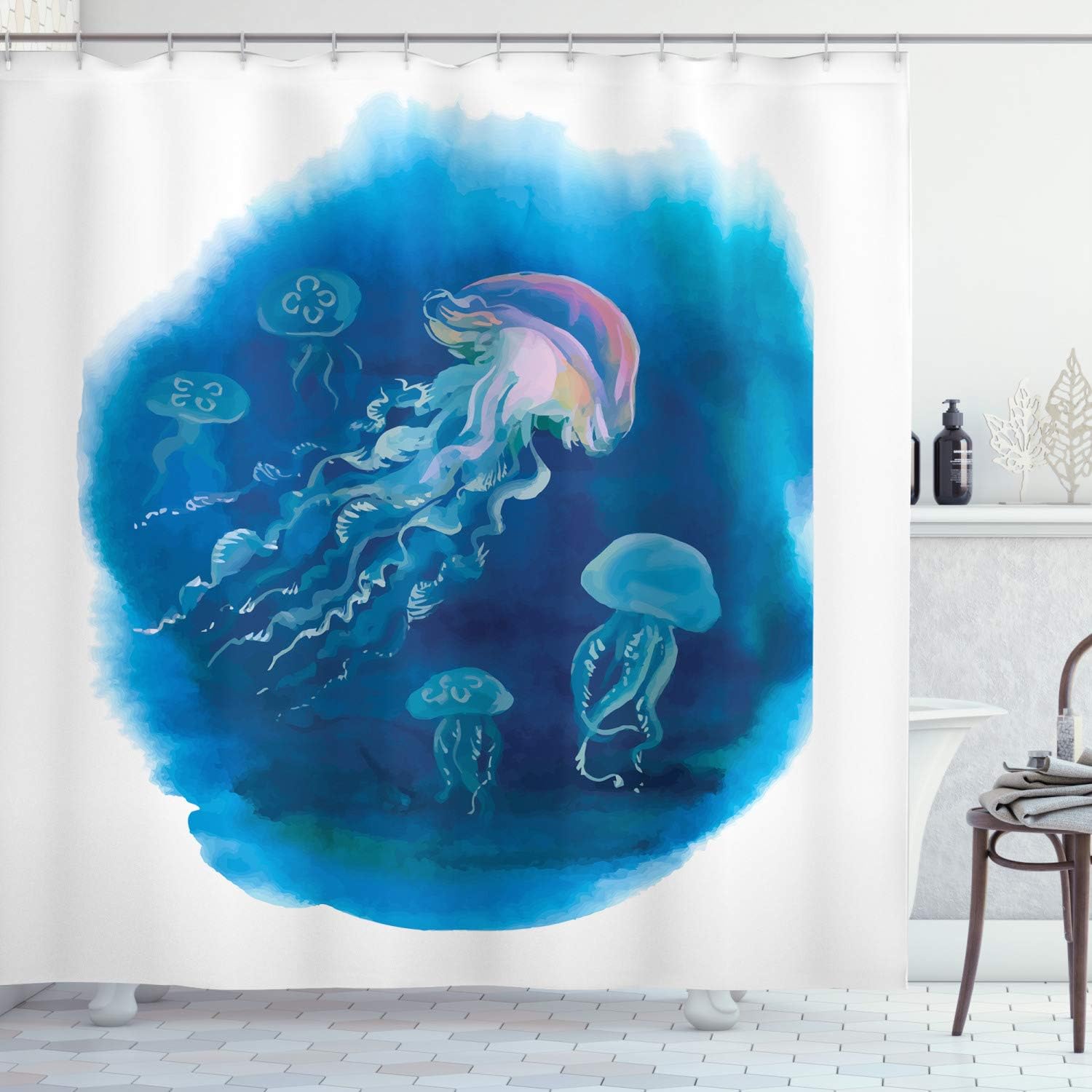 Ambesonne Jellyfish Shower Curtain, Swimming Jellyfish in