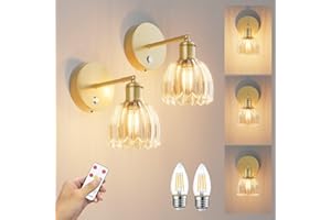 Tipace Vintage Battery Operated Wall Sconce with Amber Tulip Glass Lampshade Rechargeable Battery Powered Gold Wall Light wit