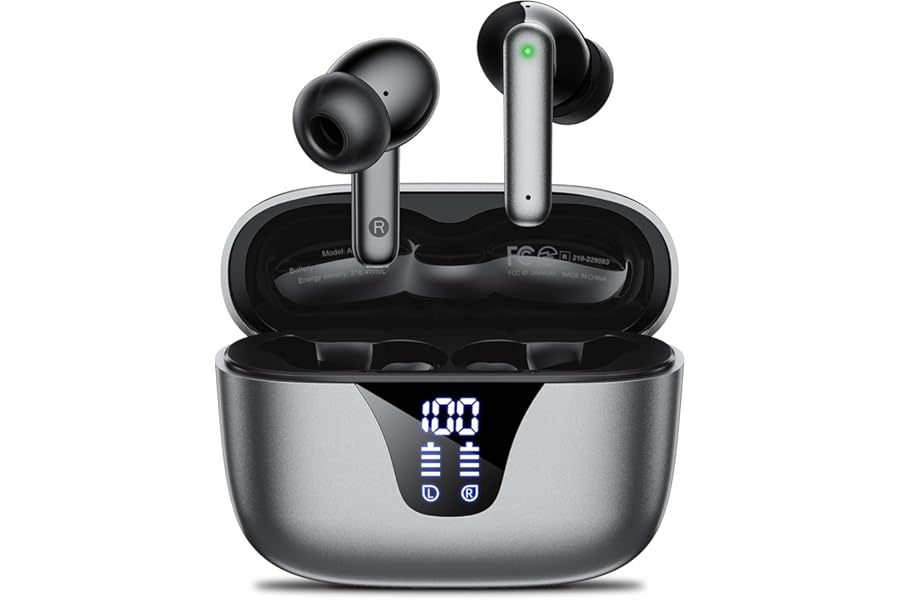 Wireless Earbuds Bluetooth Headphones, 50H Playtime Ear Buds with Mic, LED Digital Display Charging Case, IPX7 Waterproof, Deep Bass Stereo, in-Ear Earphone for iPhone Andriod Phone - Ink