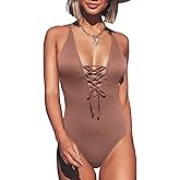 CUPSHE Women's Solid Color V Neck Lace Up One Piece Swimsuit