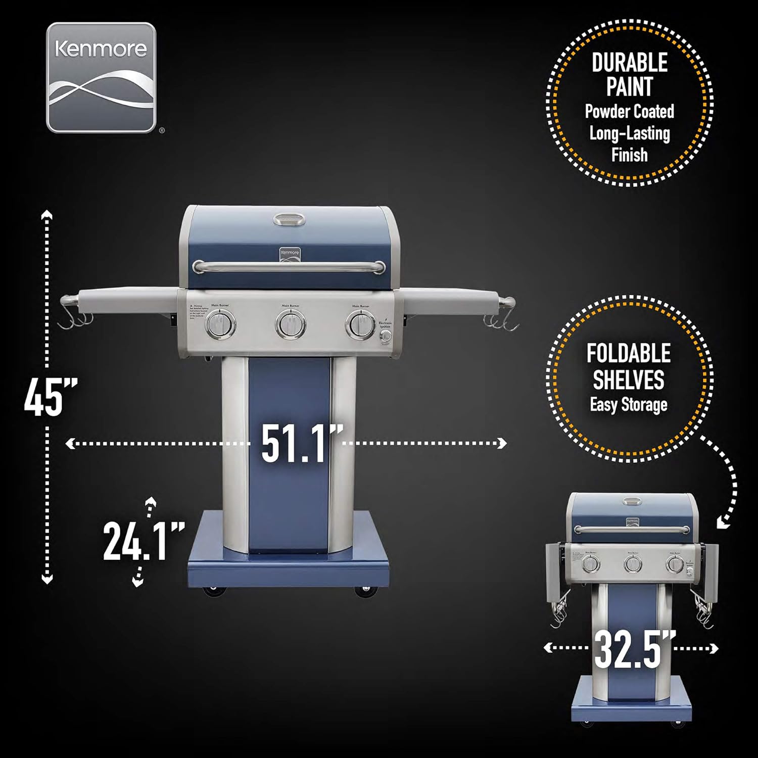 Kenmore PG-4030400LD-AZ-AM 3 Burner Outdoor Patio Gas BBQ Propane Grill, Azure: Garden & Outdoor