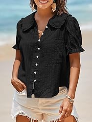 Tankaneo Womens Puff Sleeve Shirts Peter Pan Collar