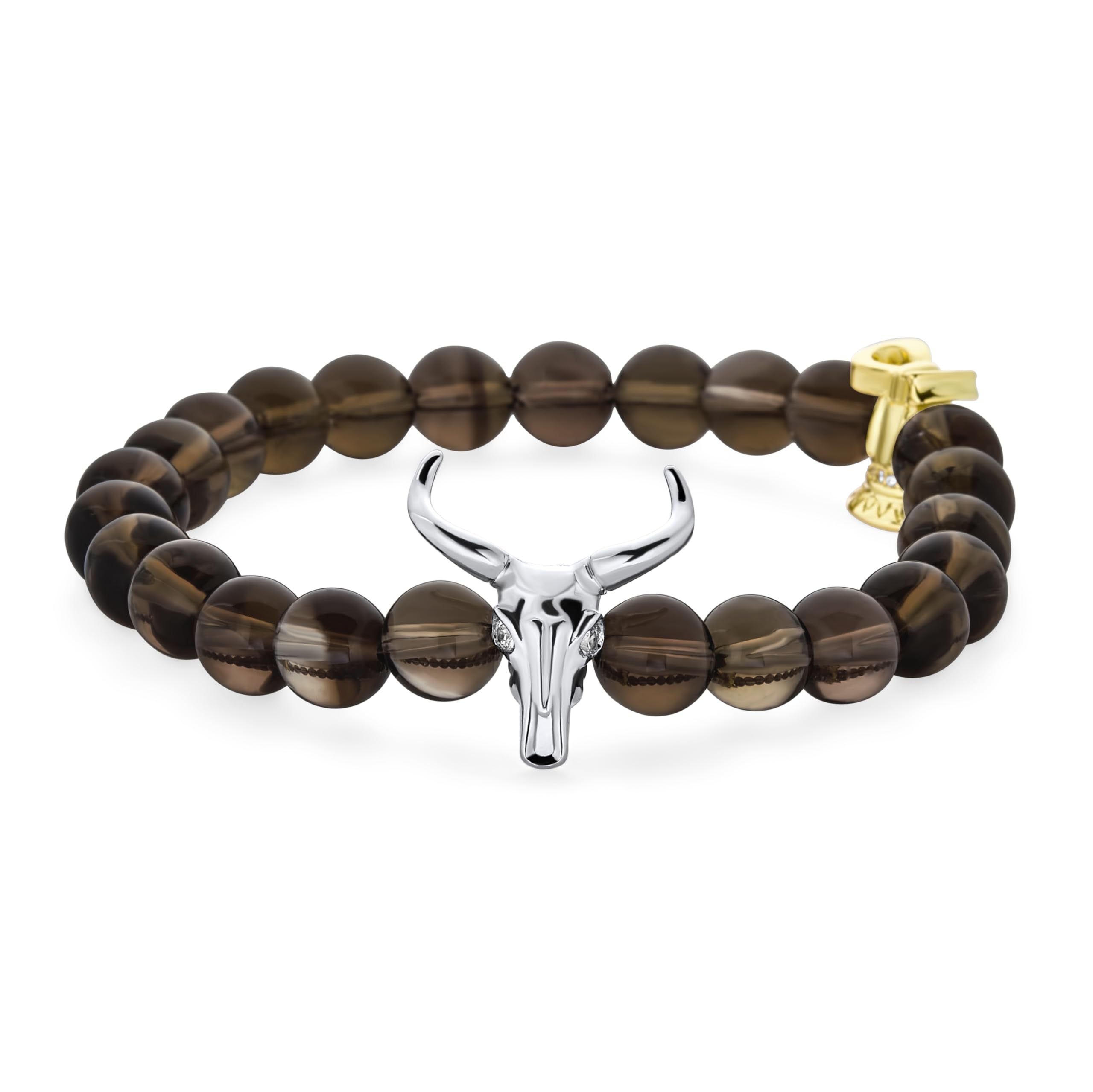 Bling Jewelry Animal Western Buffalo Cow Skull Antelope Goat Cattle Bull Head Steer Horn Smoky Quartz Brown Bead Stretch Texas Longhorn Bracelet For Men Women Gunmetal Stackable Adjustable