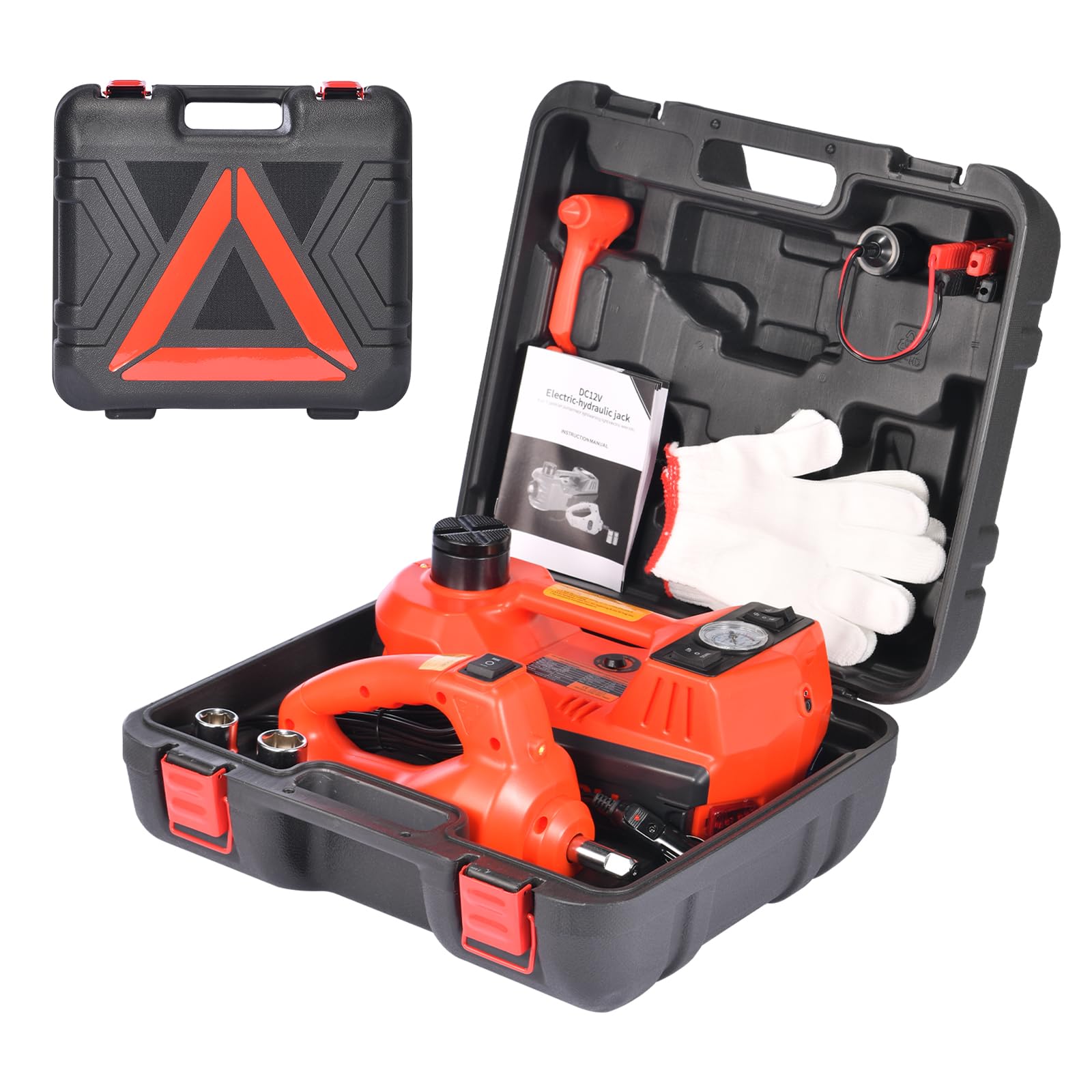 Photo 1 of TYAYT 5 Ton Electric Hydraulic Car Jack Kit, Portable with LED Light, Compatible with Car, SUV, Truck, Lifting Range 6-17.7 Inches (Red)