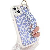 Jefonha Compatible with iPhone 14 Case with Finger Hand Strap for Girls Women, Cute Leopard Cheeath Phone Case with Wristband Kickstand, Durable Silicone Protective Cover, Blue Leopard