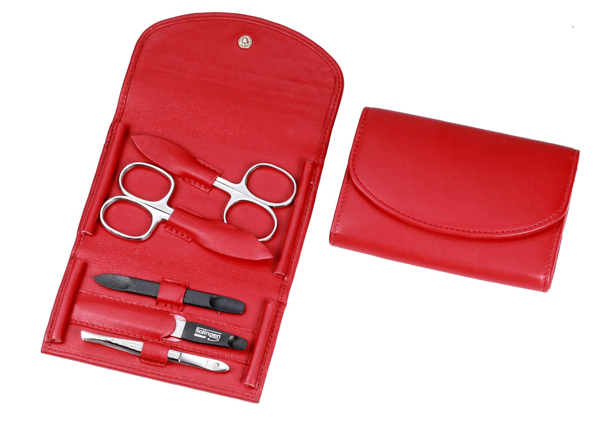 Manicure Set - 5-Piece Nail Care Set - Genuine Nappa Lambskin Leather Manicure Case - Nail Scissors, Cuticle Scissors, Nail File, Tweezers and Double Instrument (Red)