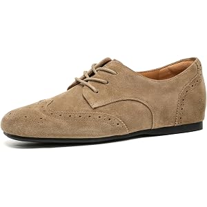 BEAU TODAY Brogue Oxford Shoes for Women, Lace Up Ballet Flats | Genuine Leather, Wingtip, Ballet Style, Lace-Up, Square Toe,