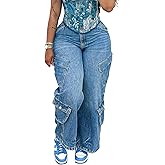 Vakkest Women's High Waisted Cargo Jeans, Straight Wide Leg Denim Pants with 6 Multi Pockets, Baggy Streetwear Trousers