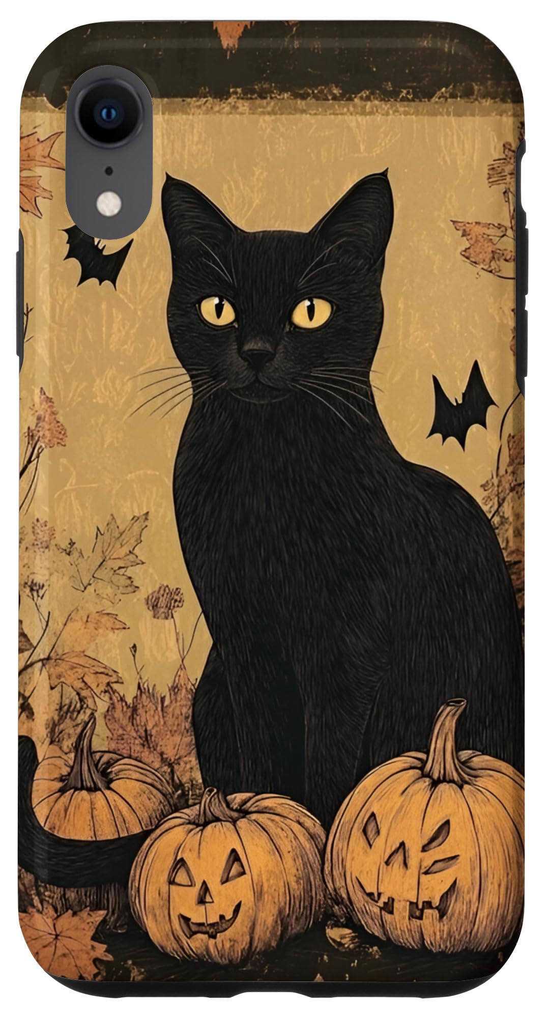 iPhone XR Vintage Halloween Black Cat with Pumpkins and Leaves Case