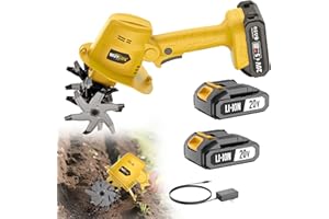 Muylux 20V Cordless Tiller Cultivator for Gardening, Electric Garden Tiller with 2 x 2.0Ah Batteries & Charger, Garden Rototiller for Lawn Gardening Soil Cultivation, Yellow