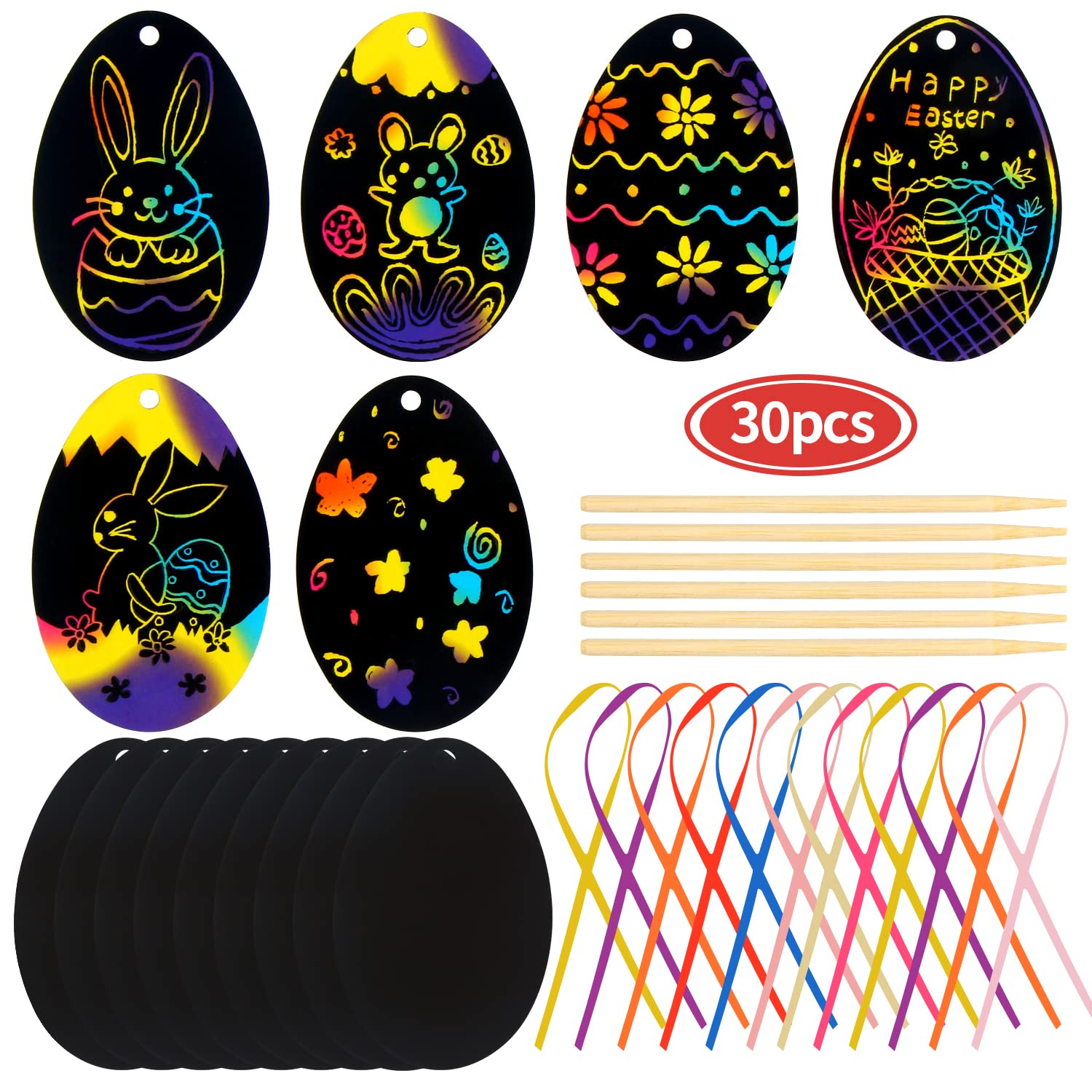 SULOLI 30pcs Easter Scratch Art Egg Decorations Easter Scratch Papers Easter Crafts Easter Gifts for Kids Party Bag Fillers