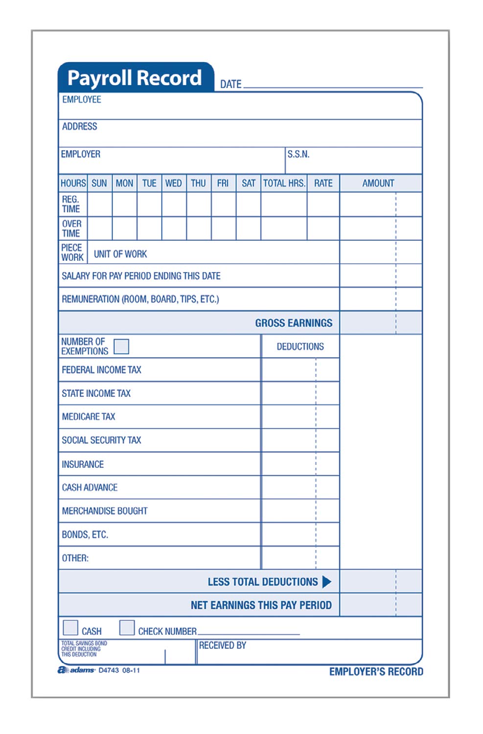 Adams Employee Payroll Record Book, 4.19 x 7.19 Inches, White and