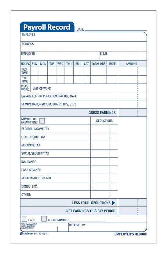 Adams Employee Payroll Record Book, 4.19 x 7.19 Inches, White and