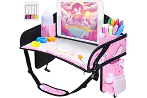WENRENER Kids Travel Tray, Car Seat Tray for kids Travel, Toddler Road Trip Essentials With Drawing Kit, Toddler Lap Desk Organizer for Car, Carseat Table for Airplane