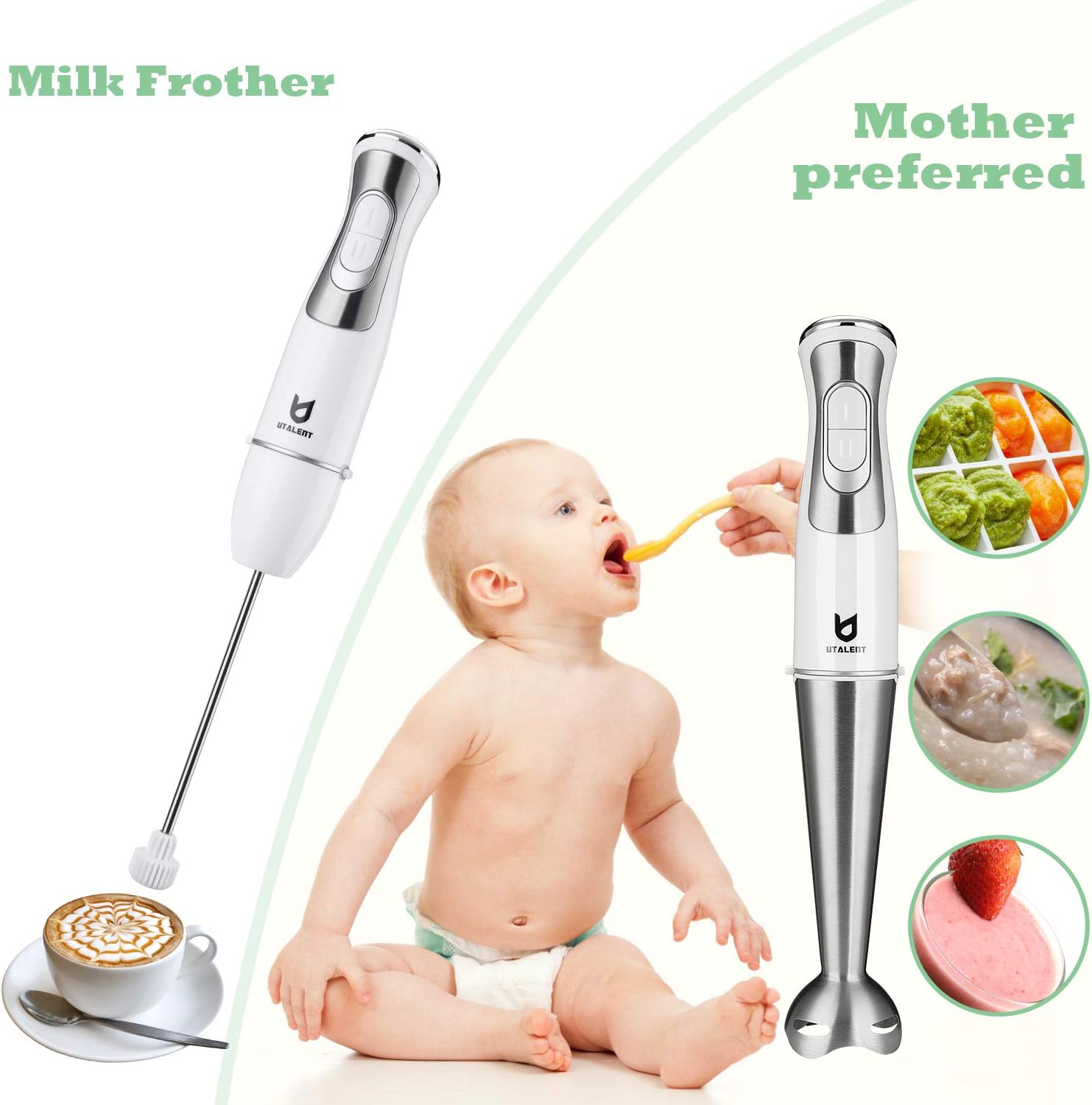 Immersion Hand Blender, Utalent 5-in-1 8-Speed Stick Blender with 500ml Food Grinder, BPA-Free, 600ml Container, Milk Frother, Egg Whisk, Puree Infant Food, Smoothies, Sauces and Soups - White: Kitchen & Dining