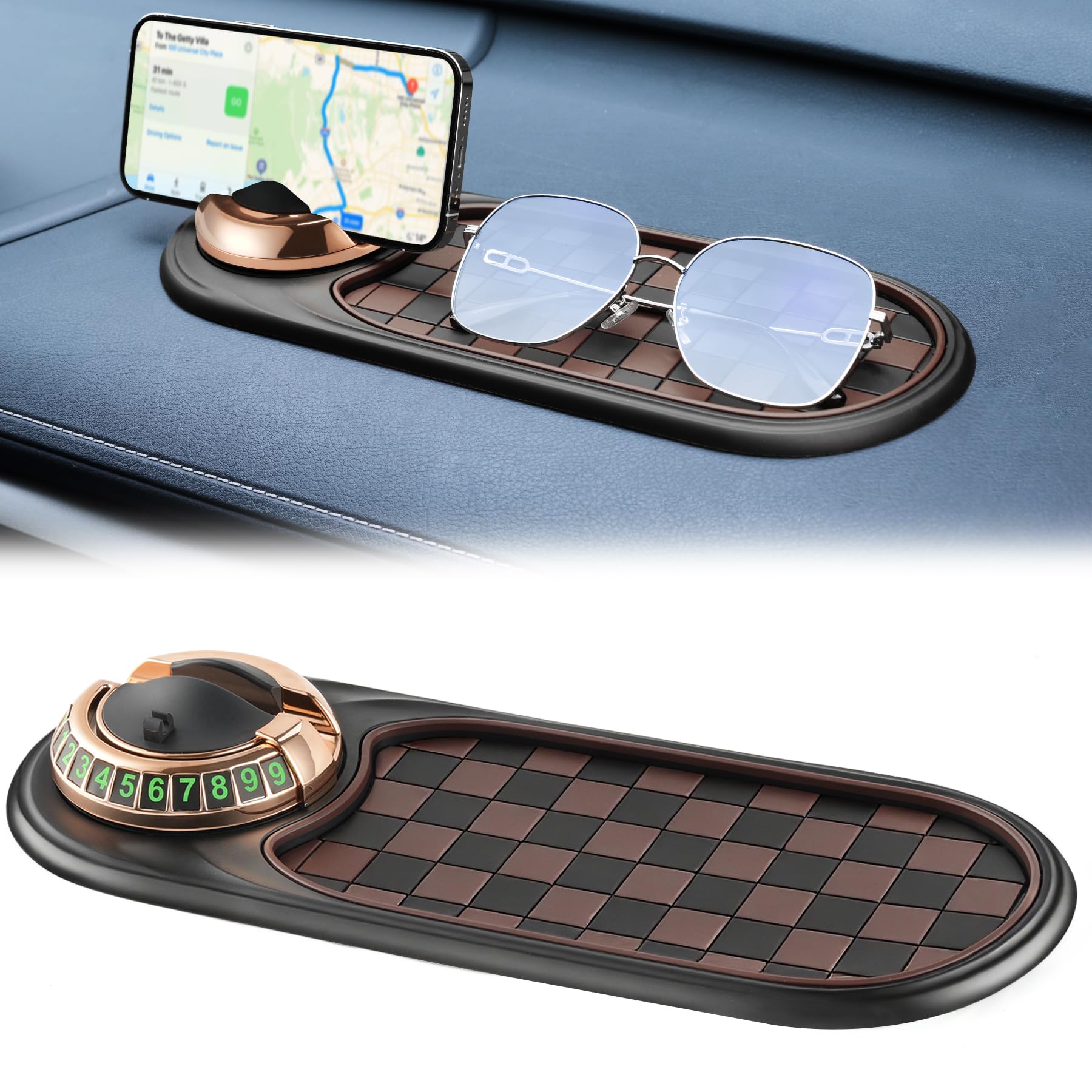 LivTee Multifunction Car Anti-Slip Mat, 360° Rotatable Multifunctional Car Dashboard Mobile Phone Holder with Temporary Parking Number, Universal Dashboard Accessories for Organized Storage (BB-Gold)