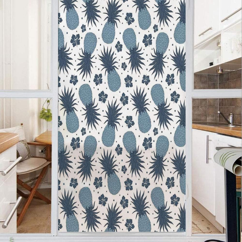 Decorative Window Film,No Glue Frosted Privacy Film,Stained Glass Door Film,Vintage Pineapple Pattern with Flowers Summer Exotic Food Pattern Artwork Decorative,for Home & Office,23.6In. by 35.4In