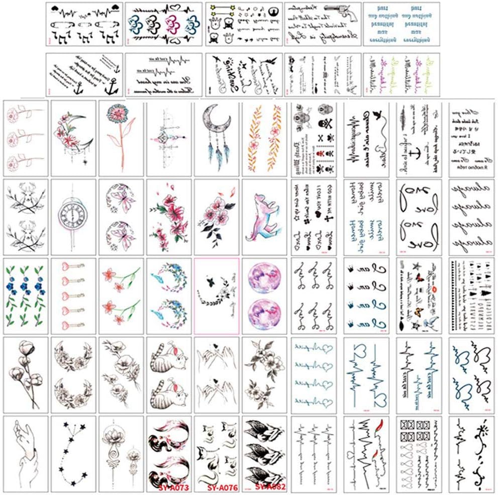 Temporary Tattoos 60 Sheets Fake Tattoo Stickers Assorted Animal Letters Rune Patterns Small and Medium Art Tattoos Water Transfer Tattoo Paper for Women Kids Men Body Art Decorations