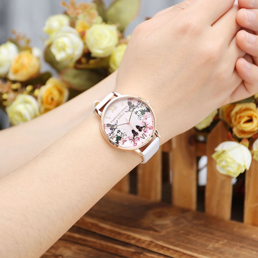 JSDDE Uhren,Modische Schmetterling Blumen Armbanduhr Basel-Stil Damen Uhr PU Lederband Rosegold Analog Quarzuhr,Weiss