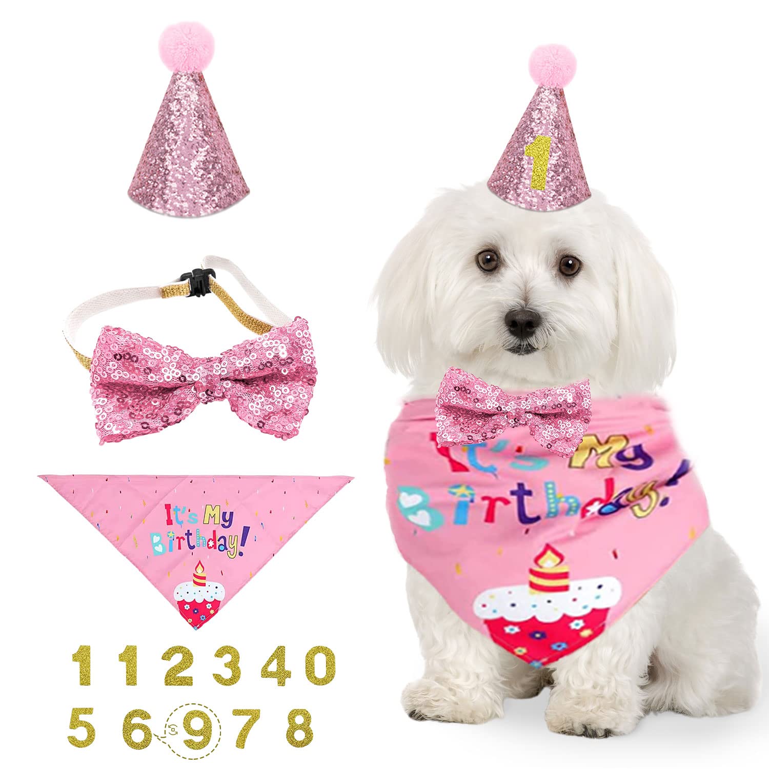 NITAIUN 4 Pcs Dog Birthday Hat Dog Birthday Party Bandana, Puppy Dog Birthday Outfit with Bow Tie Collar and Number, Dog Cat Costumes for Pet Birthday Decorations, Party Decoration Set (Pink)