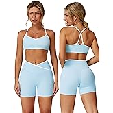 ABOCIW Workout Sets for Women 2 Piece Color Block Strappy Sports Bra Crossover High Waist Shorts Gym Yoga Pilates Outfits