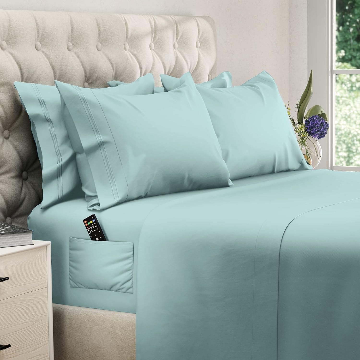 DREAMCARE Queen Sheet Set – 6 pcs Cooling Bed Sheets – up to 21” Deep Pocket Queen Sheets Set – 2500 Supreme Collection – Extra Soft 100% Brushed Microfiber Hotel Luxury with Side Pocket – Spa Blue Image DREAMCARE Queen Sheet Set – 6 pcs Cooling Bed Sheets – up to 21” Deep Pocket Queen Sheets Set – 2500 Supreme Collection – Extra Soft 100% Brushed Microfiber Hotel Luxury with Side Pocket – Spa Blue Image