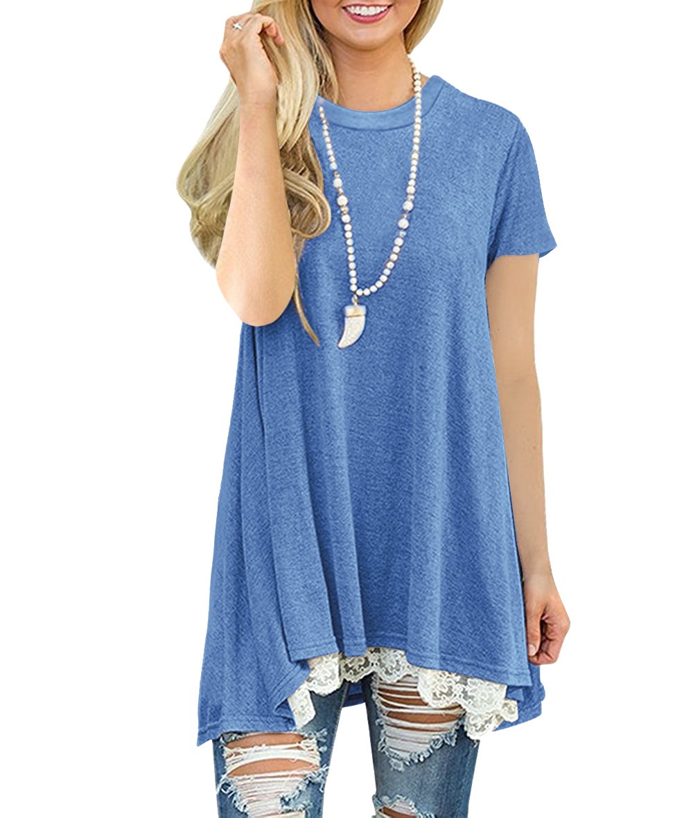 Rdfmy Women\'s Lace Short Sleeve Tops Casual Round Neck Top Blouses Blue XXL