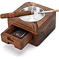 Tesonway Cigar Ashtray, Wooden Ashtray, Square Ashtray 4 Slots Cigar Holder with Cigar Accessories Drawer for Indoor Outdoor Patio Home Office, Personalized Cigar Gifts for Men