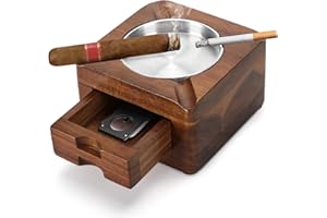Tesonway Cigar Ashtray, Wooden Ashtray, Square Ashtray 4 Slots Cigar Holder with Accessories Drawer for Indoor Outdoor Patio Home Office, Personalized Cigar Gifts for Men