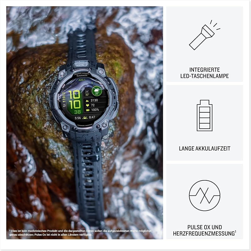 Instinct 3 45mm AMOLED – Multisport-Smartwatch, 1,2" Display, bis zu 18 Tage Akkulaufzeit, 80+ Sport-Apps, Navigationsfunktion, smarte Features, LED-Taschenlampe, wasserdicht