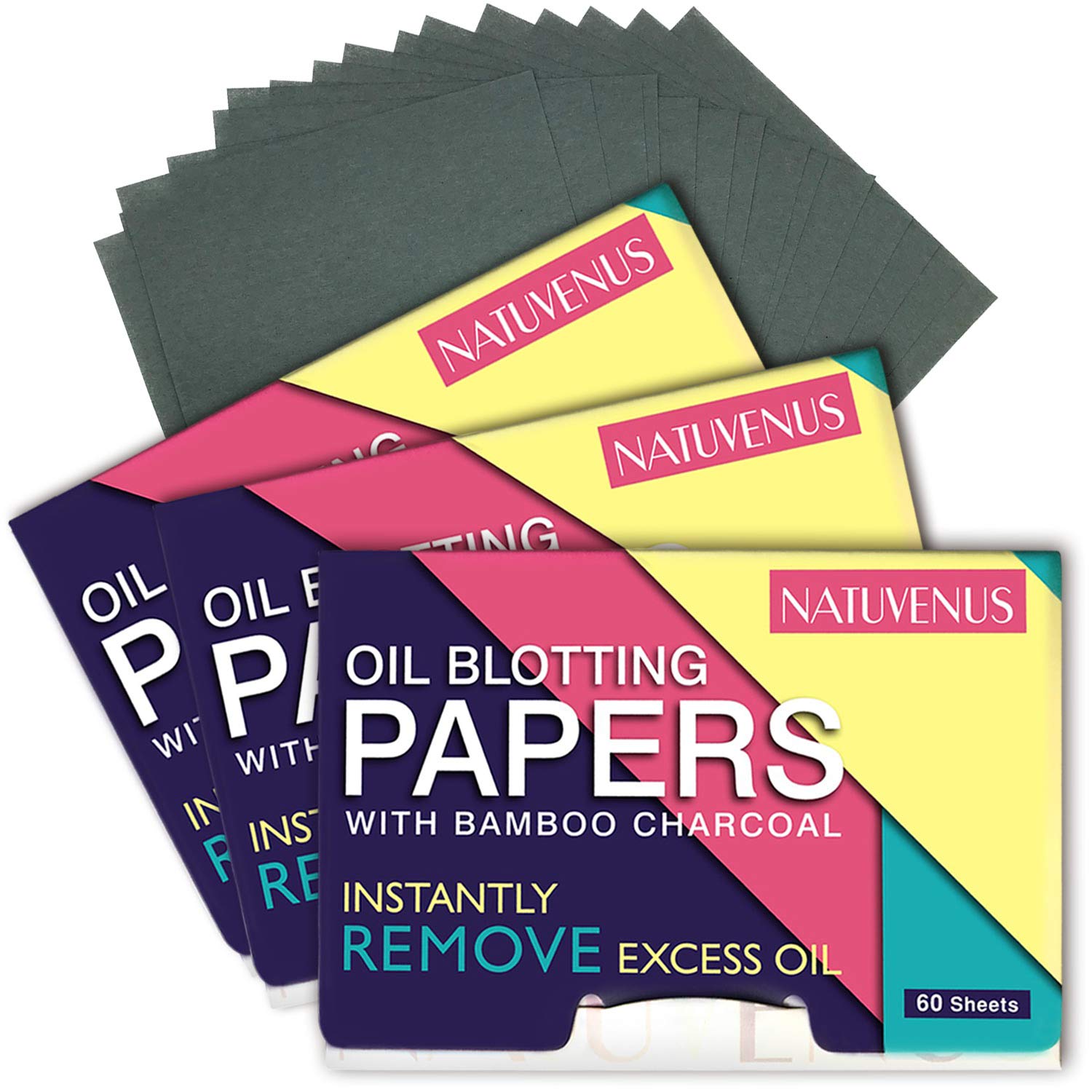 Natuvenus Oil Blotting Papers with Bamboo Charcoal, 100% Natural Removing and Absorbing Excess Shine and Oil Sheets, Reduce Acne blackhead, minimize pores for both men and women, 3 Pack, 180 Sheets