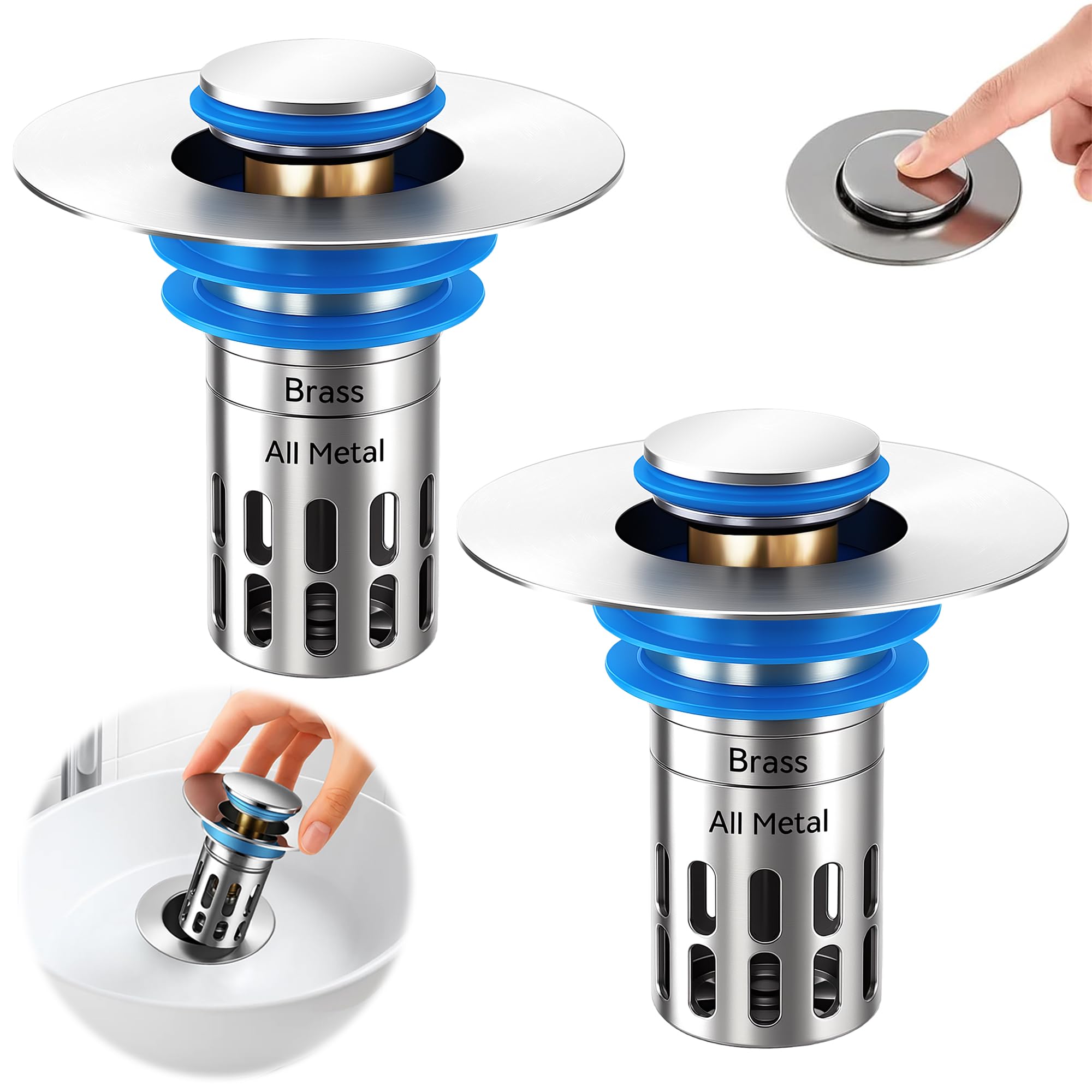 Photo 1 of (All Metallic) Bathroom Sink Plug, Pop-up Drain for Bathroom Sink, Sink Plug Hair Collector, Silent Popper Core with Removable Stainless Steel Filter Basket (Silver Polished, 2 Pack)