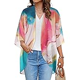 Women's Floral Print Puff Sleeve Kimono Cardigan Loose Cover Up Casual Blouse Tops